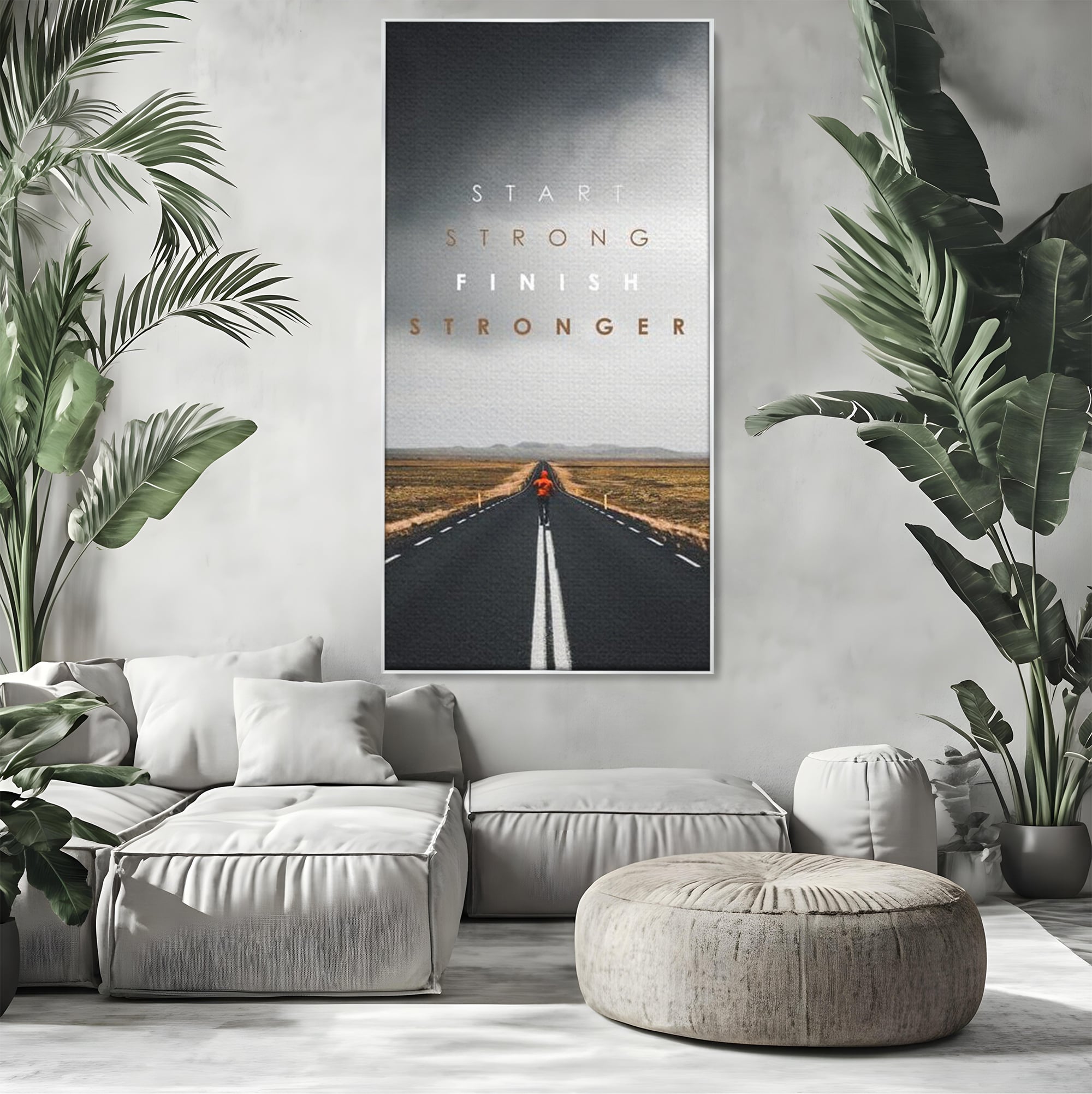 Tablou canvas cu tablou canvas cu alergator pe sosea, in rama de aluminiu argintiu, pe perete intr-un living